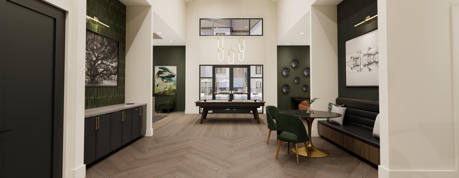 a room with a wood floor and a chandler